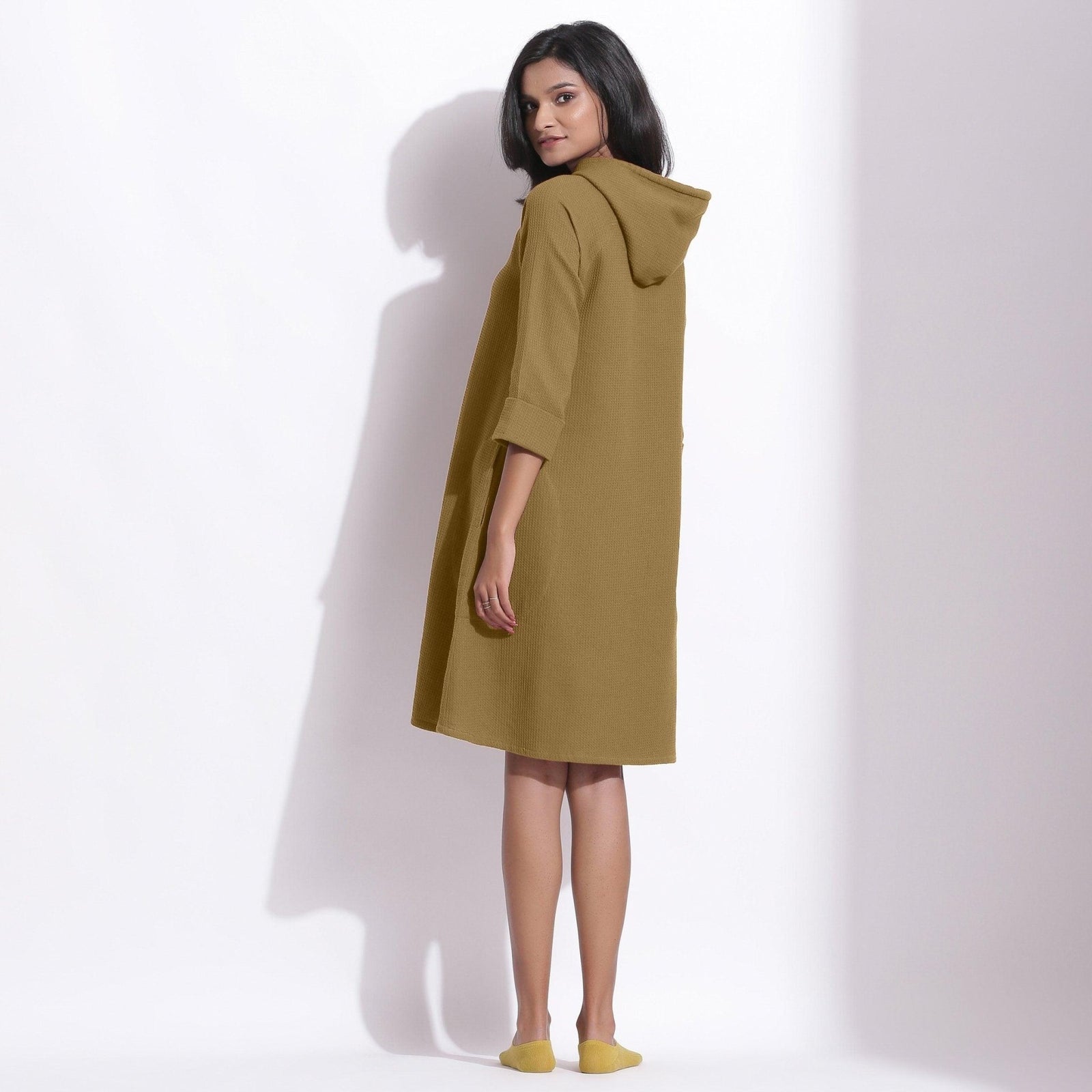 Olive Green Warm Cotton Waffle Knee Length Hoodie Dress 42" / Custom Height (Free) Olive Green Warm Cotton Waffle Knee Length Hoodie Dress 42" / Custom Height (Free)