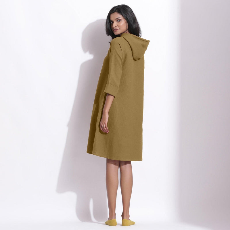 Buy Olive Green Warm Cotton Waffle Knee Length Hoodie Dress Online at SeamsFriendly