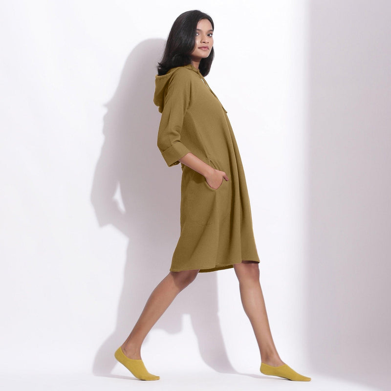 Olive Green Warm Cotton Waffle Knee Length Hoodie Dress 40" / Custom Height (Free) Olive Green Warm Cotton Waffle Knee Length Hoodie Dress 40" / Custom Height (Free)