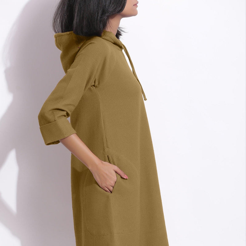 Olive Green Warm Cotton Waffle Knee Length Hoodie Dress 40" / Custom Height (Free) Olive Green Warm Cotton Waffle Knee Length Hoodie Dress 40" / Custom Height (Free)