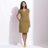 Front View of a Model wearing Olive Green Cotton Waffle V-Neck Dress