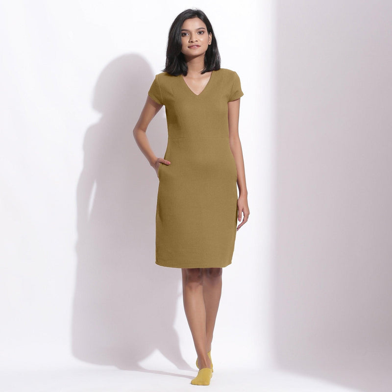 Buy Olive Green Warm Cotton Waffle Knee Length Paneled Dress Online at SeamsFriendly Buy Olive Green Warm Cotton Waffle Knee Length Paneled Dress Online at SeamsFriendly
