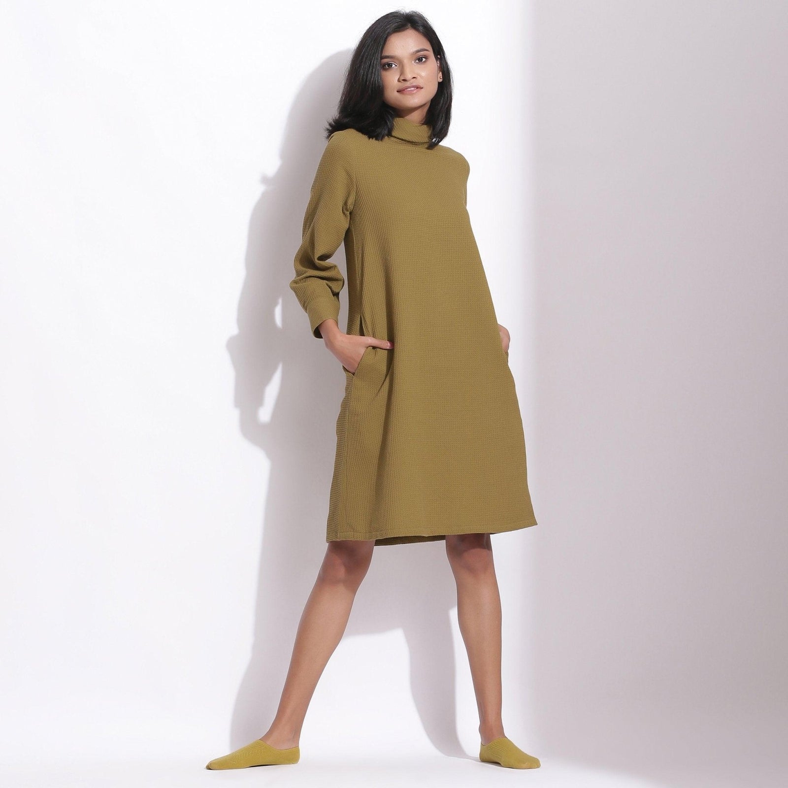 Buy Olive Green Warm Cotton Waffle Knee Length Shift Dress Online