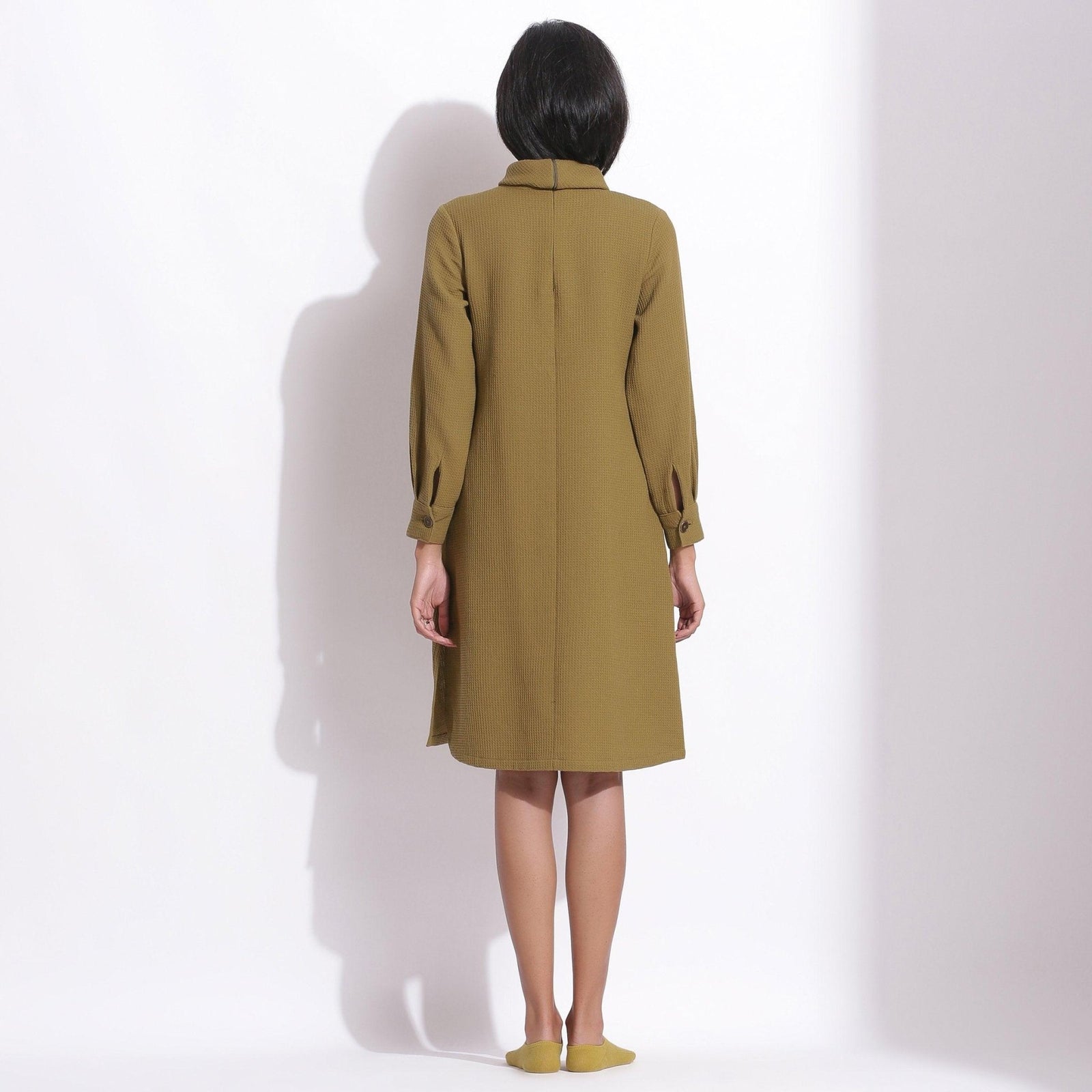 Olive Green Warm Cotton Waffle Knee Length Shift Dress 68