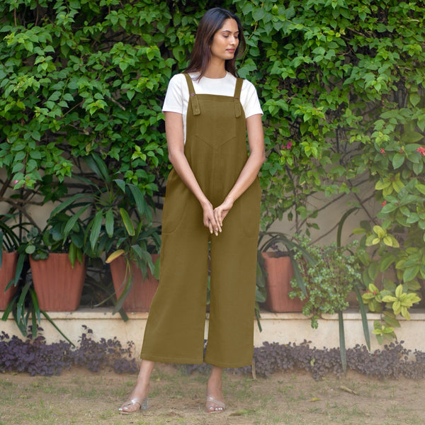 Olive Green Warm Cotton Waffle Midi Dungaree Jumpsuit