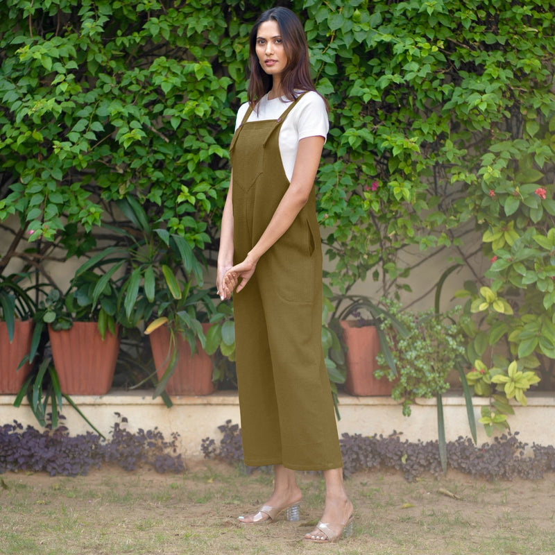 Olive Green Warm Cotton Waffle Midi Dungaree Jumpsuit 28" / Tall (5'7" and above) Olive Green Warm Cotton Waffle Midi Dungaree Jumpsuit 28" / Tall (5'7" and above)