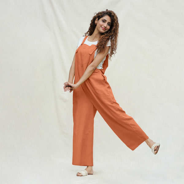 Orange 100% Cotton Ankle Length Dungaree Jumpsuit