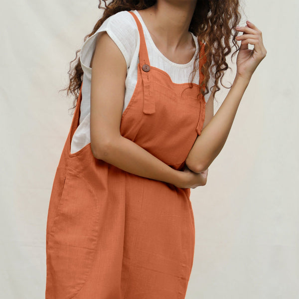 Orange 100% Cotton Ankle Length Dungaree Jumpsuit