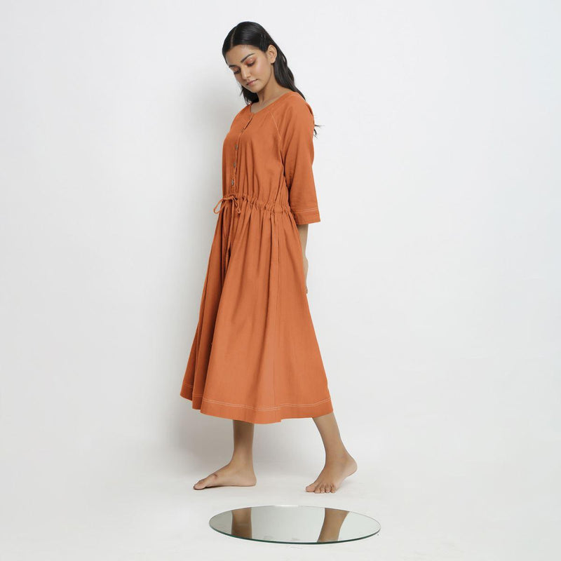 Orange 100% Cotton Round Neck Button-Down Midi Dress 42" / Petite (5'1" and below) Orange 100% Cotton Round Neck Button-Down Midi Dress 42" / Petite (5'1" and below)