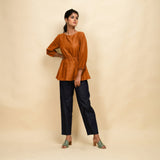 Orange 100% Cotton Round Neck Peplum Top
