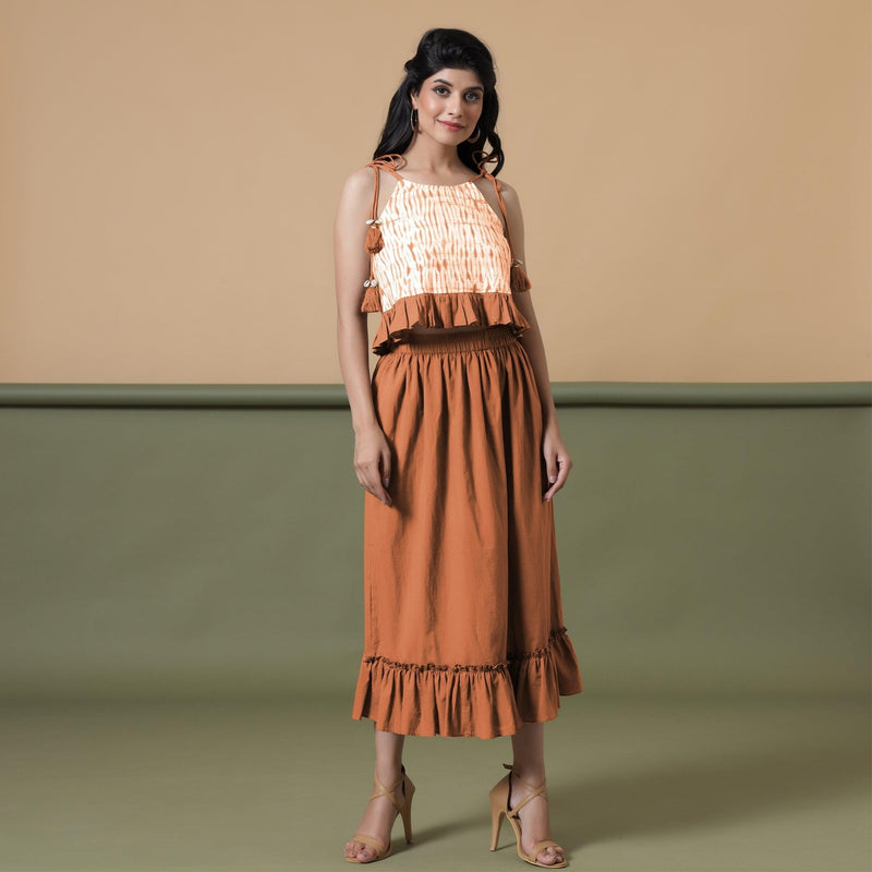 Front View of a Model wearing Orange A-Line Ruffled Cotton Skirt