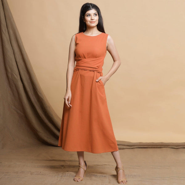 Front View of a Model wearing Orange A-Line Midi Dress