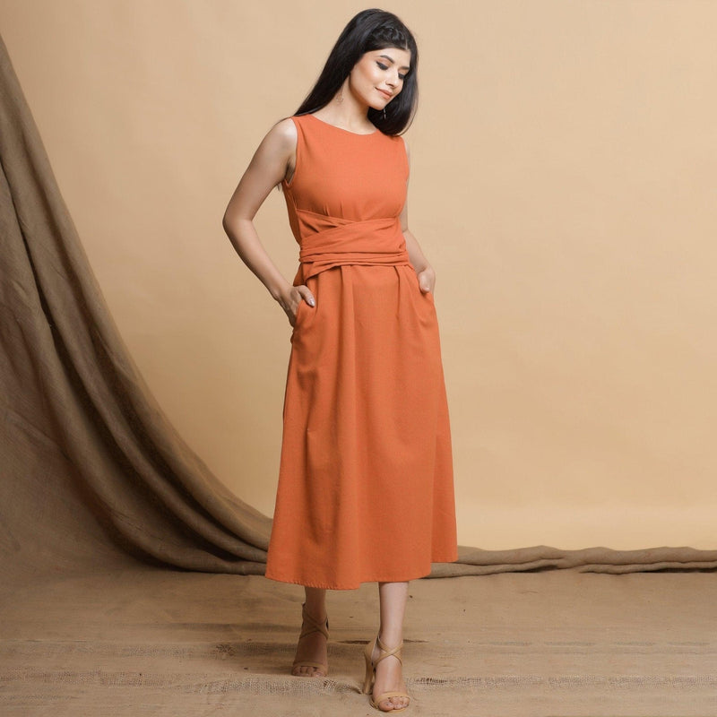 Front View of a Model wearing Orange A-Line Midi Dress