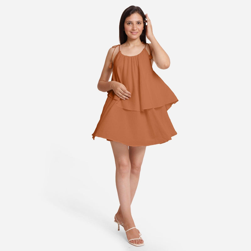 Orange 100% Cotton Tie-Up Shoulder Tier Mini Dress