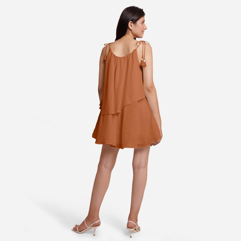 Orange 100% Cotton Tie-Up Shoulder Tier Mini Dress