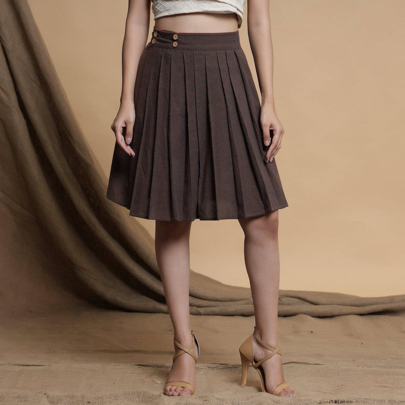 Orange and Brown Reversible Cotton Pleated Knee Length Skirt