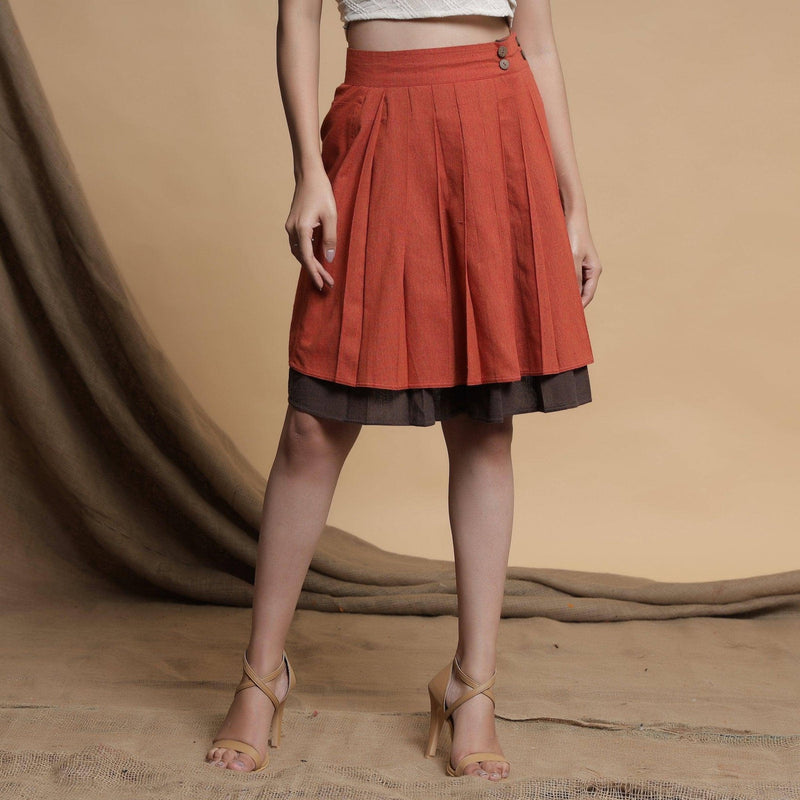 Orange and Brown Reversible Cotton Pleated Knee Length Skirt