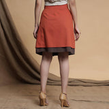 Orange and Brown Reversible Cotton Pleated Knee Length Skirt