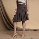 Orange and Brown Reversible Cotton Pleated Knee Length Skirt