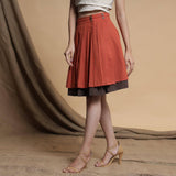 Orange and Brown Reversible Cotton Pleated Knee Length Skirt