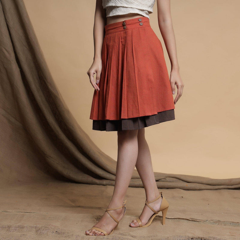 Orange and Brown Reversible Cotton Pleated Knee Length Skirt