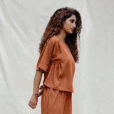 Orange Cotton Drop Shoulder Sleeves Gathered Top