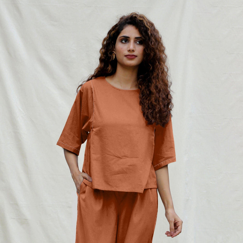 Orange Cotton Drop Shoulder Sleeves Gathered Top