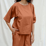 Orange Cotton Drop Shoulder Sleeves Gathered Top