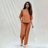 Orange Cotton Drop Shoulder Sleeves Gathered Top