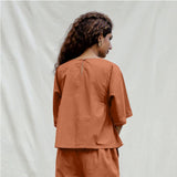 Orange Cotton Drop Shoulder Sleeves Gathered Top