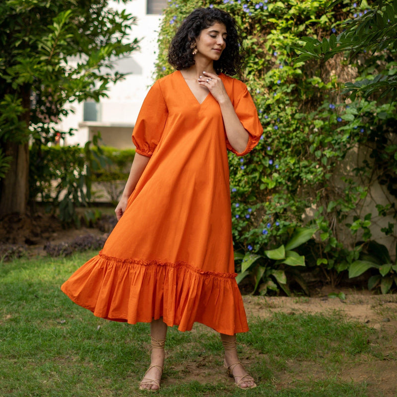 Orange Cotton Poplin A-Line Deep Neck Maxi Tier Dress