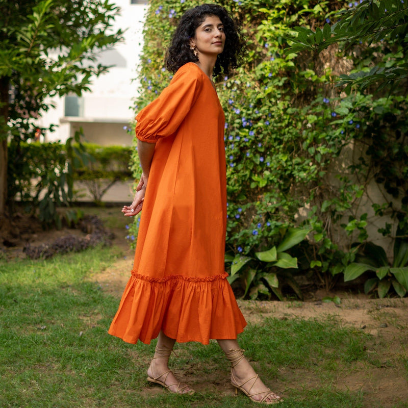 Buy Orange Cotton Poplin A Line Deep Neck Maxi Tier Dress Online at SeamsFriendly