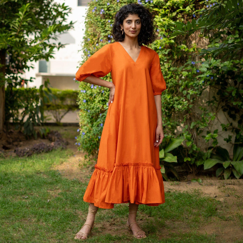 Orange Cotton Poplin A-Line Deep Neck Maxi Tier Dress