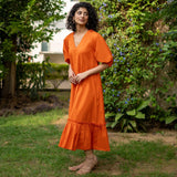 Orange Cotton Poplin A-Line Deep Neck Maxi Tier Dress