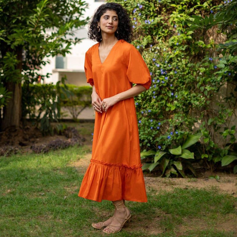 Buy Orange Cotton Poplin A-Line Deep Neck Maxi Tier Dress Online