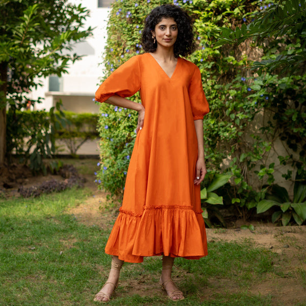 Orange Cotton Poplin A-Line Deep Neck Maxi Tier Dress
