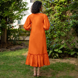 Orange Cotton Poplin A-Line Deep Neck Maxi Tier Dress
