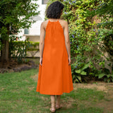 Orange Cotton Poplin A-Line Detachable Sleeve Flared Midi Dress