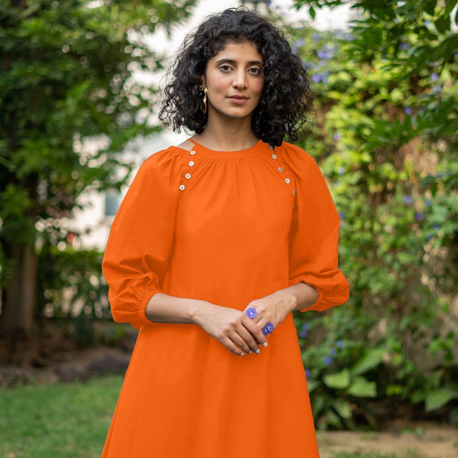 Orange Cotton Poplin A-Line Detachable Sleeve Flared Midi Dress 58" / Regular (5'2" - 5'6") Orange Cotton Poplin A-Line Detachable Sleeve Flared Midi Dress 58" / Regular (5'2" - 5'6")