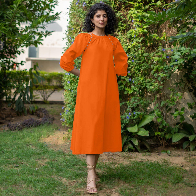 Orange Cotton Poplin A-Line Detachable Sleeve Flared Midi Dress