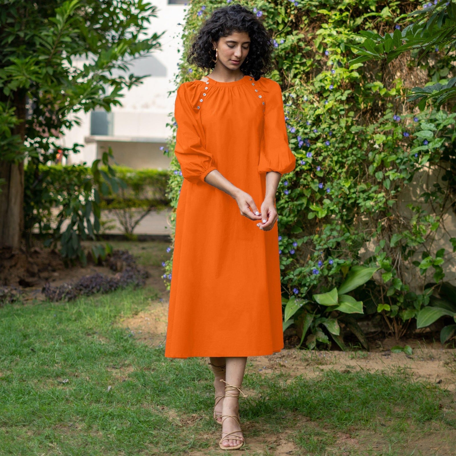 a line orange dress Cotton Poplin A-Line Detachable Sleeve Flared Midi 52
