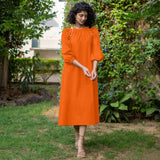Orange Cotton Poplin A-Line Detachable Sleeve Flared Midi Dress