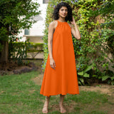 Orange Cotton Poplin A-Line Detachable Sleeve Flared Midi Dress