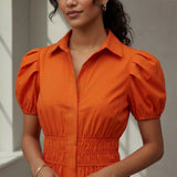 Orange Cotton Poplin Button-Down Midi Shirt Dress