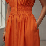 Orange Cotton Poplin Button-Down Midi Shirt Dress