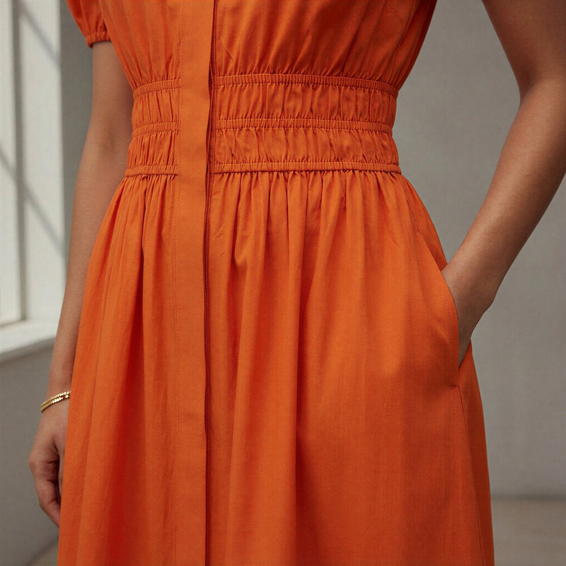 Orange Cotton Poplin Button-Down Midi Shirt Dress 26