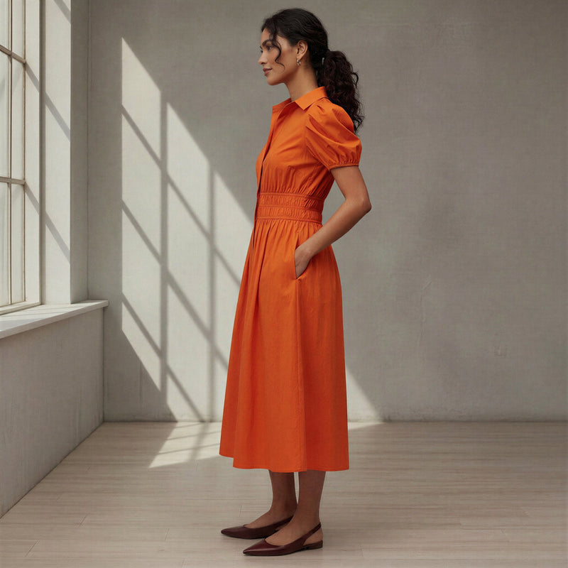 Orange Cotton Poplin Button-Down Midi Shirt Dress 26" / Custom Height (Free)