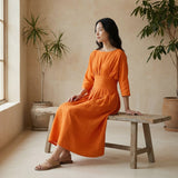 Orange Cotton Poplin Cinched Waist Flared Maxi Dress