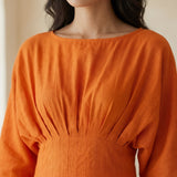 Orange Cotton Poplin Cinched Waist Flared Maxi Dress