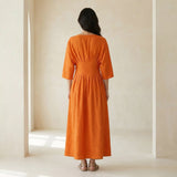 Orange Cotton Poplin Cinched Waist Flared Maxi Dress